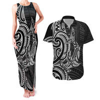 New Zealand Hammerhead Shark Couples Matching Tank Maxi Dress and Hawaiian Shirt Maori Haehae Mangopare Black - Polynesian Pride