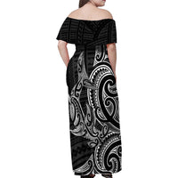 New Zealand Hammerhead Shark Family Matching Off Shoulder Maxi Dress and Hawaiian Shirt Maori Haehae Mangopare Black - Polynesian Pride