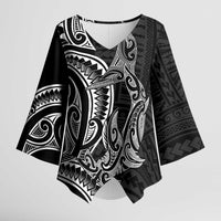 New Zealand Hammerhead Shark Kimono Sleeve Blouse Maori Haehae Mangopare Black LT14 Female Black - Polynesian Pride