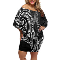 New Zealand Hammerhead Shark Off Shoulder Short Dress Maori Haehae Mangopare Black - Polynesian Pride