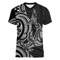 New Zealand Hammerhead Shark Women V-Neck T-Shirt Maori Haehae Mangopare Black - Polynesian Pride
