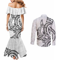 New Zealand Hammerhead Shark Couples Matching Mermaid Dress and Long Sleeve Button Shirt Maori Haehae Mangopare White - Polynesian Pride
