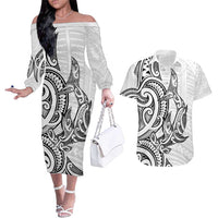 New Zealand Hammerhead Shark Couples Matching Off The Shoulder Long Sleeve Dress and Hawaiian Shirt Maori Haehae Mangopare White - Polynesian Pride