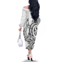 New Zealand Hammerhead Shark Family Matching Off The Shoulder Long Sleeve Dress and Hawaiian Shirt Maori Haehae Mangopare White - Polynesian Pride