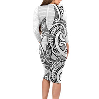 New Zealand Hammerhead Shark Long Sleeve Bodycon Dress Maori Haehae Mangopare White - Polynesian Pride