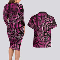 New Zealand Hammerhead Shark Couples Matching Long Sleeve Bodycon Dress and Hawaiian Shirt Maori Haehae Mangopare Pink - Polynesian Pride