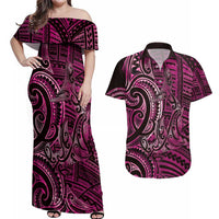 New Zealand Hammerhead Shark Couples Matching Off Shoulder Maxi Dress and Hawaiian Shirt Maori Haehae Mangopare Pink - Polynesian Pride