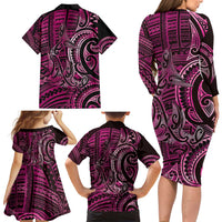 New Zealand Hammerhead Shark Family Matching Long Sleeve Bodycon Dress and Hawaiian Shirt Maori Haehae Mangopare Pink - Polynesian Pride
