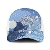Blue Japanese Traditional Motifs Baseball Net Cap Palaka With Asanoha Seigaiha Sakura - Polynesian Pride