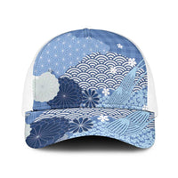 Blue Japanese Traditional Motifs Baseball Net Cap Palaka With Asanoha Seigaiha Sakura LT14 One Size White Blue - Polynesian Pride