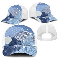 Blue Japanese Traditional Motifs Baseball Net Cap Palaka With Asanoha Seigaiha Sakura - Polynesian Pride