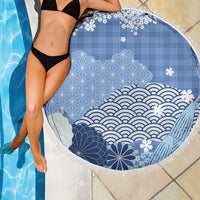 Blue Palaka Japanese Patterns Beach Blanket Asanoha Seigaiha Sakura Motif - Polynesian Pride