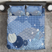 Blue Palaka Japanese Patterns Bedding Set Asanoha Seigaiha Sakura Motif - Polynesian Pride