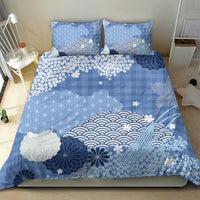 Blue Palaka Japanese Patterns Bedding Set Asanoha Seigaiha Sakura Motif - Polynesian Pride