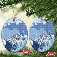 Blue Palaka Japanese Patterns Ceramic Ornament Asanoha Seigaiha Sakura Motif LT14 Oval Blue - Polynesian Pride