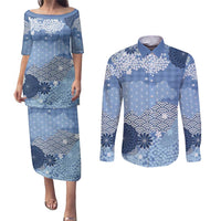 Blue Palaka Japanese Patterns Couples Matching Puletasi and Long Sleeve Button Shirt Asanoha Seigaiha Sakura Motif LT14 Blue - Polynesian Pride