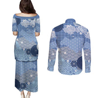 Blue Palaka Japanese Patterns Couples Matching Puletasi and Long Sleeve Button Shirt Asanoha Seigaiha Sakura Motif LT14 - Polynesian Pride