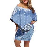 Blue Palaka Japanese Patterns Family Matching Off Shoulder Short Dress and Hawaiian Shirt Asanoha Seigaiha Sakura Motif - Polynesian Pride