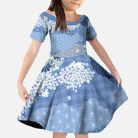 Blue Palaka Japanese Patterns Kid Short Sleeve Dress Asanoha Seigaiha Sakura Motif - Polynesian Pride