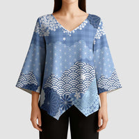 Blue Palaka Japanese Patterns Kimono Sleeve Blouse Asanoha Seigaiha Sakura Motif LT14 - Polynesian Pride