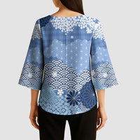 Blue Palaka Japanese Patterns Kimono Sleeve Blouse Asanoha Seigaiha Sakura Motif LT14 - Polynesian Pride