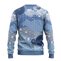 Blue Palaka Japanese Patterns Ugly Christmas Sweater Asanoha Seigaiha Sakura Motif - Polynesian Pride