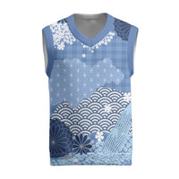 Blue Palaka Japanese Patterns Christmas Knitted V-Neck Vest Asanoha Seigaiha Sakura Motif LT14 Blue - Polynesian Pride