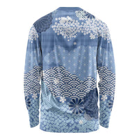 Blue Palaka Japanese Patterns Long Sleeve Shirt Asanoha Seigaiha Sakura Motif LT14 - Polynesian Pride