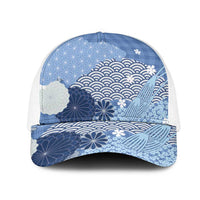 Blue Japanese Traditional Motifs Mesh Trucker Cap Palaka With Asanoha Seigaiha Sakura LT14 One Size White Blue - Polynesian Pride
