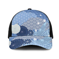 Blue Japanese Traditional Motifs Mesh Trucker Cap Palaka With Asanoha Seigaiha Sakura LT14 One Size Black Blue - Polynesian Pride