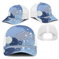Blue Japanese Traditional Motifs Mesh Trucker Cap Palaka With Asanoha Seigaiha Sakura LT14 - Polynesian Pride