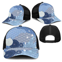Blue Japanese Traditional Motifs Mesh Trucker Cap Palaka With Asanoha Seigaiha Sakura LT14 - Polynesian Pride