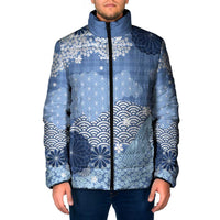 Blue Palaka Japanese Patterns Padded Jacket Asanoha Seigaiha Sakura Motif LT14 Men Blue - Polynesian Pride
