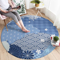 Blue Palaka Japanese Patterns Round Carpet Asanoha Seigaiha Sakura Motif - Polynesian Pride