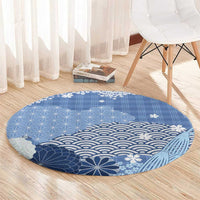 Blue Palaka Japanese Patterns Round Carpet Asanoha Seigaiha Sakura Motif - Polynesian Pride