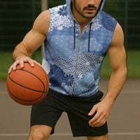 Blue Palaka Japanese Patterns Sleeveless Zip Hoodie Asanoha Seigaiha Sakura Motif LT14 - Polynesian Pride