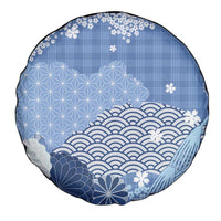 Blue Palaka Japanese Patterns Spare Tire Cover Asanoha Seigaiha Sakura Motif - Polynesian Pride
