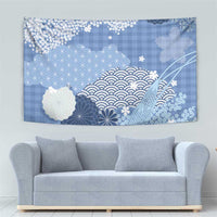 Blue Palaka Japanese Patterns Tapestry Asanoha Seigaiha Sakura Motif - Polynesian Pride