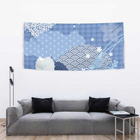 Blue Palaka Japanese Patterns Tapestry Asanoha Seigaiha Sakura Motif - Polynesian Pride