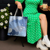 Blue Palaka Japanese Patterns Tote Bag Asanoha Seigaiha Sakura Motif - Polynesian Pride