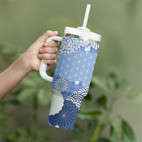 Blue Palaka Japanese Patterns Tumbler With Handle Asanoha Seigaiha Sakura Motif - Polynesian Pride
