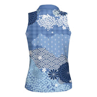 Blue Palaka Japanese Patterns Women Sleeveless Polo Shirt Asanoha Seigaiha Sakura Motif LT14 - Polynesian Pride