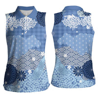 Blue Palaka Japanese Patterns Women Sleeveless Polo Shirt Asanoha Seigaiha Sakura Motif LT14 - Polynesian Pride
