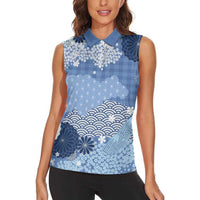 Blue Palaka Japanese Patterns Women Sleeveless Polo Shirt Asanoha Seigaiha Sakura Motif LT14 - Polynesian Pride