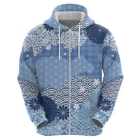 Blue Palaka Japanese Patterns Zip Hoodie Asanoha Seigaiha Sakura Motif - Polynesian Pride