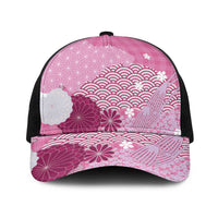 Pink Japanese Traditional Motifs Baseball Net Cap Palaka With Asanoha Seigaiha Sakura LT14 One Size Black Pink - Polynesian Pride