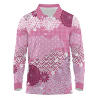 Pink Palaka Japanese Patterns Long Sleeve Polo Shirt Asanoha Seigaiha Sakura Motif LT14 Pink - Polynesian Pride
