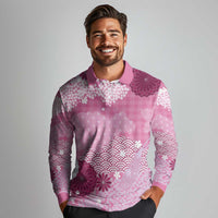 Pink Palaka Japanese Patterns Long Sleeve Polo Shirt Asanoha Seigaiha Sakura Motif LT14 - Polynesian Pride