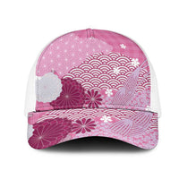 Pink Japanese Traditional Motifs Mesh Trucker Cap Palaka With Asanoha Seigaiha Sakura LT14 One Size White Pink - Polynesian Pride