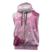 Pink Palaka Japanese Patterns Sleeveless Zip Hoodie Asanoha Seigaiha Sakura Motif - Polynesian Pride
